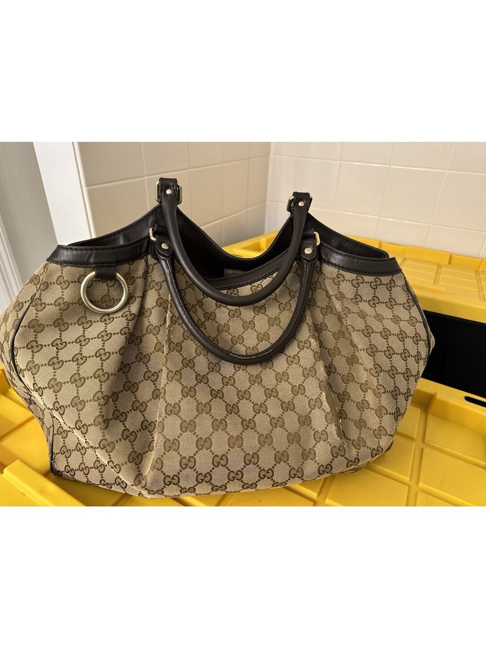 Gucci Sukey Large Original GG Canvas Tote Supreme Cloth Handbag Leather Brown